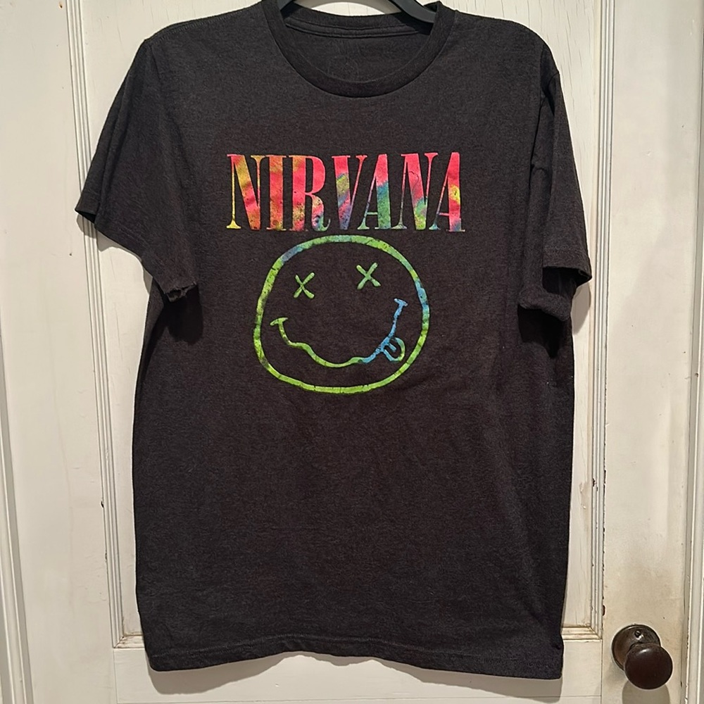 NIRVANA BAND TEE Black with tie dye lettering - unisex size medium